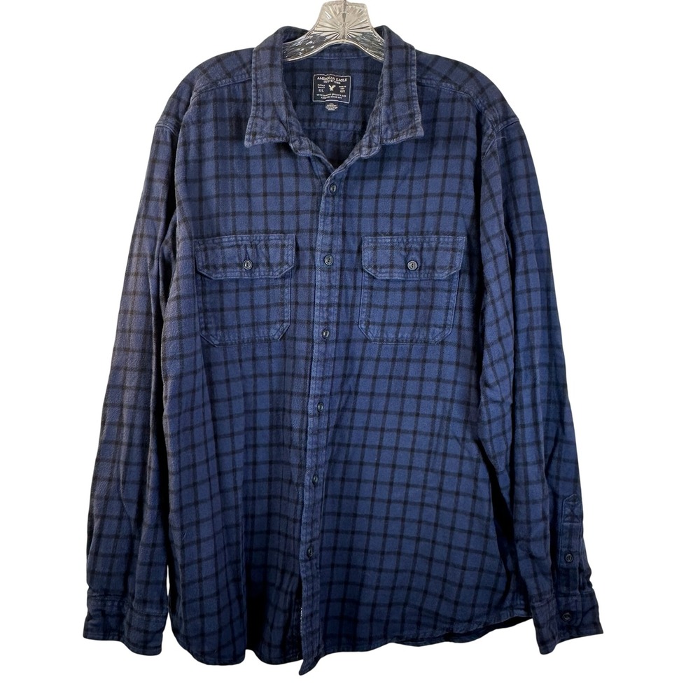 American Eagle Outfitters Mens XXXL Blue Black Grid Cotton Button Down Shirt
